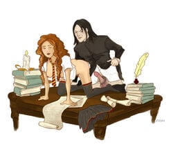 artist_request black_hair black_jacket blouse books candle desk doggy_style grey_legwear grey_overknee_socks grey_skirt grey_socks harry_potter hermione_granger jacket legwear lipstick male_focus parchment quill red_hair severus_snape shirt short_hair skirt socks striped_tie thighhighs tie white_blouse white_shirt