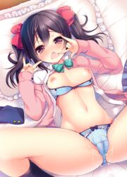 ayuma_sayori black_hair blue_bra blue_panties blush bow bra bra_pull breasts clothes corna cum female gesture hair hairbow ily_sign looking_at_viewer love_live! love_live!_school_idol_project lying nipples on_back open_mouth panties pillow pink_eyes saliva short_hair solo spread_legs tied_hair twintails underwear yazawa_nico