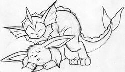 2boys anthro bottomless cth eevee eeveelution fur furry gay interspecies male male/male male_only monochrome nintendo nudity pokémon_(species) pokemon pokemon_(species) pokemon_rgby sketch tagme topless unknown_gender vaporeon white_background