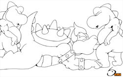 2008 anthro artist_request bowser closed_eyes fellatio furry insertion interspecies koopa line_art male male_only mario_(series) monochrome multiple_males nintendo nude oral penis reptile scalie sex shell side_view size_difference small_dom_big_sub spiky_shell spitroast straight_hair threesome yaoi yoshi