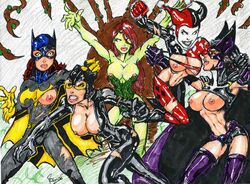 00s 2000s 2008 5girls artist_request barbara_gordon batgirl batman_(series) big_breasts breasts catfight catwoman dc dc_comics female female_only fight fighting gotham_city_sirens gotham_girls green-skinned_female green_skin harley_quinn harley_quinn_(classic) helena_bertinelli huntress_(dc) multiple_girls nipples poison_ivy selina_kyle straight_hair tearing_clothes torn_clothes