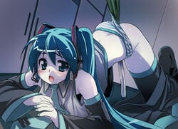 boots hatsune_miku long_hair masturbation panties solo spring_onion striped striped_panties thigh_boots thighhighs underwear very_long_hair vocaloid yoshihara_maito zettai_ryouiki