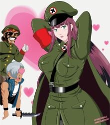 1girls 2022 2boys abigail_(metal_slug) age_difference aqua_eyes areolae being_watched beret big_breasts brown_hair clenched_teeth closed_eyes couple eye_patch forest_druip general_morden hands_behind_head heart heart-shaped_pupils heart_background hi_res knife lipstick long_hair looking_at_viewer medium_hair metal_slug metal_slug_attack military military_hat military_uniform pink_hair seductive silver_hair snk trevor_spacey white_background white_gloves