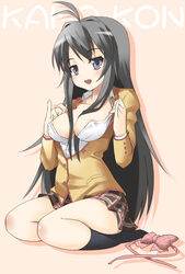 antenna_hair areolae black_hair breasts kakifly kanokon long_hair minamoto_chizuru no_bra open_clothes open_shirt purple_eyes school_uniform serafuku shirt undressing