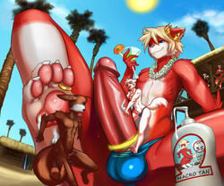 artic_fox artie balls beach blonde_hair blue_eyes briefs brown_fur canine clothing cock_ring crown erection fox fur girly humanoid_penis lei macro male mammal multiple_boys palm_tree penis red_fur seaside shane_(character) smile strawberry-fox_(character) sun tanuki toe_ring underwear white_fur white_hair yaoi