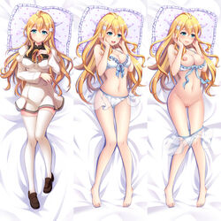 aqua_eyes arisugawa_reiko barefoot bikini blonde_hair blush breasts cleavage clothing collarbone dakimakura flower frills hair_ornament hands_on_own_face highres kotetu_han large_breasts long_hair long_sleeves lying navel nipples open_mouth ore_ga_ojou-sama_gakkou_ni_"shomin_sample"_toshite_rachirareta_ken pillow puffy_sleeves pussy school_uniform see-through shoes skirt smile stockings swimsuit thighhighs white_legwear wide_sleeves