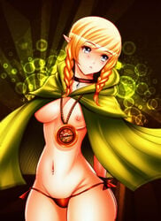 1girls blonde_hair blue_eyes braid breasts choker compass elf erect_nipples female hood hyrule_warriors lingerie linkle no_bra panties pointy_ears side_tie_panties solo the_legend_of_zelda