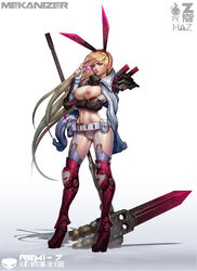 1girls blonde_hair blue_eyes breasts erect_nipples female female_only full_body highres huge_weapon lollipop long_hair navel nipples original panties paul_kwon project_mekanizer remi-7 solo thighhighs topless weapon zeronis