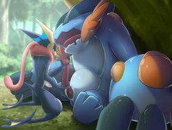 absurd_res ambiguous_gender amphibian animal_genitalia cave closed_eyes duo forest greninja handjob hi_res interspecies kicktyan kneeling larger_male male male_only mega_evolution mega_swampert nintendo open_mouth outside penis pokemon pokemon_(species) precum red_eyes sex sitting size_difference smile spread_legs spreading swampert tongue tongue_out tree video_games