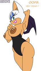 bat blue_eyes breasts brown_nipples english_text female habbodude lips looking_at_viewer mammal nipples rouge_the_bat solo sonic_(series) squidapple text