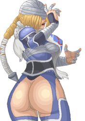 ass big_ass big_breasts blonde blonde_hair bottomless braid breasts crotchless curvy edit female female_only hair huge_ass ninja nintendo ocarina_of_time pixel_art pose red_eyes sheik skin_tight solo the_legend_of_zelda tied_hair torn_clothes warnerc white_background wraps