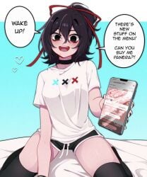 anime bangs bed black_hair black_shorts black_thighhighs blush casual_outfit character cheerful choker collar cross_symbols cute dark_eyes dialogue excited expression female food hair_ribbon happy heart holding_phone medium_hair messy_hair morning oversized_shirt panera red_ribbon request screen_text sitting smartphone smiling speech_bubble text thighhighs wake_up white_tshirt