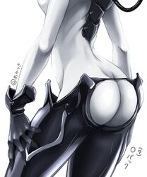 akatsuki_matsumoto arms_at_sides ass ass_cleavage ass_cutout backless_pants black_gloves black_pants butt_crack crotchless_clothes female from_behind gloves kantai_collection monochrome pale_skin pants shinkaisei-kan simple_background solo wo-class_aircraft_carrier