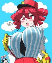 1girls 2d 2d_(artwork) 2girls asking_for_help big_breasts blouse blue_hair blush blush_lines breast_expansion breasts clothed clothed_female clothing clouds curvaceous curvy curvy_female curvy_figure embarrassed embarrassed_female english_text female female_only fully_clothed gloves hat hatsune_miku high-waist_pants high_waisted_pants huge_breasts hypnosis implied_breast_expansion kasane_teto kasane_teto_(sv) large_breasts looking_at_breasts looking_down mesmerizer_(vocaloid) mesmerizer_miku mesmerizer_teto mv_character necktie necktie_between_breasts open_mouth oshijuu748 pants shirt simple_background slim_waist speech_bubble striped_shirt suspenders sweat sweating synthesizer_v text top_heavy twintails upper_body upper_body_focus utau vocaloid