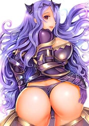 1girls armor ass blue_hair breasts cameltoe camilla_(fire_emblem) covered_breasts female fire_emblem fire_emblem_fates hair_ornament hair_over_one_eye looking_at_viewer looking_back purple_eyes purple_hair smiling solo teruru thong very_long_hair