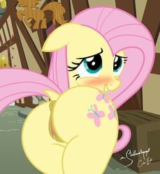 anus ass big_booty blush female feral fluttershy_(mlp) friendship_is_magic hair horse looking_back mammal my_little_pony pink_hair pony pussy pussy_juice shutterflyeqd smile solo