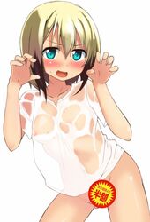 1girls atahuta blonde_hair blue_eyes blush bottomless breasts censored claw_pose clothing covered_nipples erect_nipples erect_nipples_under_clothes erica_hartmann female nipples no_bra see-through short_hair small_breasts solo strike_witches wet wet_clothes