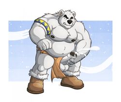 1boy almasy anthro balls bear booth border clothing erection front_view furry furry_only humanoid_penis loincloth loincloth_aside male male_only mammal masturbation musclegut muscles navel nipples one_eye_closed partially_retracted_foreskin pecs penis polar_bear snow solo