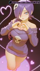 1girls 2025 ai_generated artist_name bare_shoulders blowing_kiss borrowed_character electroworld female hair_over_one_eye heart heart-shaped_pupils heart_ahoge heart_background heart_hands heart_of_string hi_res high_quality high_resolution highres naked_sweater off-shoulder_sweater off_shoulder patreon patreon_username purple_hair solo spoken_heart stable_diffusion sweater symbol-shaped_pupils watermark zone-tan