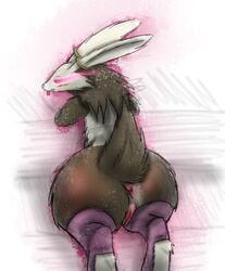 2015 anthro anus ass big_ass black_fur bottomless brown_fur clothed clothing fire_emblem fire_emblem_awakening fur grey_fur half-closed_eyes half-dressed lagomorph legwear looking_back mammal nintendo panne_(fire_emblem) presenting presenting_hindquarters pussy rabbit raised_tail suk0tto taguel tail tongue tongue_out topless video_games white_fur