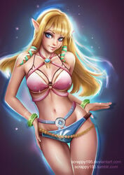 1girls bikini blonde_hair blue_bikini_bottom blue_eyes bracelets breasts clothed goddess hand_on_hip hylian long_hair looking_at_viewer medium_breasts midriff mismatched_bikini navel nintendo pink_bikini_top pinup princess_zelda scrappy195 simple_background skyward_sword smile swimsuit teenager the_legend_of_zelda zelda_(skyward_sword)