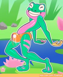 2019 amphibian anthro barefoot bulge closed_eyes clothing dame_tu_cosita dancing frog frogoslav green_body green_skin just_dance lake lily_pad male male_only membrane_(anatomy) meme mostly_nude outside patreon pelvic_thrust pink_body pink_skin plant puggy smile solo speedo swimwear teeth ubisoft video_games water webbed_feet