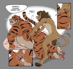 2025 anal anal_sex anthro anthro_on_anthro anthro_penetrated anthro_penetrating anus ass backsack balls ballsack belly bent_over bent_over_bed big_belly blush bodily_fluids brown_hair brown_mane butt_grab cum cum_from_penis cum_in_ass cum_inside dialogue digital_drawing_(artwork) digital_media_(artwork) dominant dominant_male duo english_text explicitly_stated_consent felid fur gaping gaping_anus genital_fluids genitals hair hand_on_butt hi_res joojoo larger_penetrated lion looking_back looking_pleasured male male/male male_penetrated male_penetrating male_penetrating_male mammal mane musclegut muscular muscular_anthro muscular_male muscular_sub nipples nude nude_anthro nude_male onomatopoeia open_mouth orange_body orange_fur pantherine paws penetration penile penile_penetration penis penis_in_ass sex size_difference small_dom_big_sub sound_effects speech_bubble striped_body striped_fur stripes submissive submissive_male tail tan_body tan_fur teeth text tiger white_body white_fur