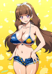 amanogawa_kirara bikini_top breasts brown_hair cleavage clothing earrings female fingernails go!_princess_precure hair_ribbon hairband joy_ride large_breasts long_hair nail_polish navel no_panties precure pretty_cure purple_eyes ribbon shorts solo standing swimsuit