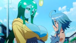 2015 2girls animated animated_gif anime_screencap blue_hair blush breast_grab breast_lift breasts brown_eyes cleavage goo_girl green_eyes green_hair harpy harpy_girl huge_breasts monster_girl monster_musume_no_iru_nichijou multiple_girls papi_(monster_musume) screencap screenshot short_hair slime slime_girl smile standing suu_(monster_musume) yuri