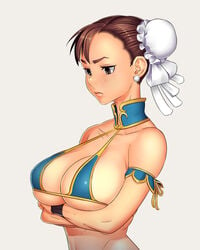 1girls armlet big_breasts bikini_top breasts brown_eyes brown_hair bun_cover capcom chun-li cleavage double_bun earrings female female_only hair_bun human large_breasts misoshiro_(shijimi) solo street_fighter underboob