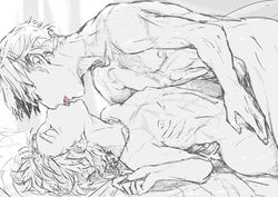 2boys aldnoah.zero french_kiss harklight human jewelry kissing lying male male_only monochrome multiple_boys necklace on_back short_hair slaine_troyard spot_color tarakoutibiru tongue yaoi