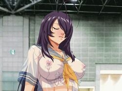 animated animated breasts closed_eyes female hair_over_one_eye ikkitousen kan'u_unchou large_breasts long_hair nipples purple_hair see-through serafuku sweat yabusame