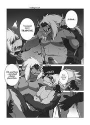 buddyfight claws comic dialogue dragon drum's_father drum_(buddyfight) duo english_text erection father horn humanoid_penis male male_only musclegut muscles nipples nude parent penis play_my_style_workshop_(artist) pubes son text