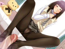 bed benzou blush breasts brown_eyes brown_hair censored curtains feet female footjob hentai_kyoudai_~chotto_kachiki_de_h_na_imouto_wo_kankei_ni_hamete_h_sasechau_ohanashi~ highres hime_cut legs long_hair long_sleeves looking_at_viewer mosaic_censoring naughty_face necktie no_shoes okashimo panties panties_under_pantyhose pantyhose parted_lips penis school_uniform sitting skirt smile solo_focus teddy_bear thighs underwear window