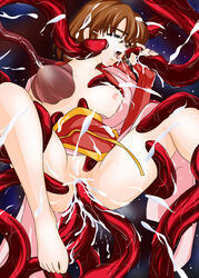 amatsu_mai barefoot breasts brown_hair female multiple_insertions nipples penetration sex short_hair tentacle twin_angels vaginal_penetration