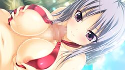 areolae blush bocas_top breasts censored ecchi_de_hentai!_yakimochi_ojou-sama!! female game_cg grey_hair halterneck highres kagami_hibiki_(ecchi_de_hentai!) large_breasts lights mosaic_censoring nipples paizuri penis purple_eyes satofuji_masato short_hair silver_hair smile upper_body