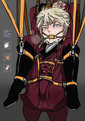 aldnoah.zero ball_gag blonde_hair blue_eyes blush bondage boots bulge coattails egg_vibrator gag male male_only predicament_bondage restrained scissors short_hair silver_hair slaine_troyard solo suspension tarakoutibiru tongue uniform vibrator