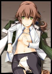 bra bra_lift brown_hair cum cum_on_body cum_on_upper_body eiyuu_densetsu female green_eyes imminent_rape imminent_sex long_hair open_clothes open_shirt panties pantyhose rape school_uniform sen_no_kiseki shikei shirt skirt skirt_around_one_leg torn_clothes torn_pantyhose towa_herschel underwear