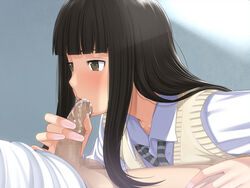 benzou black_eyes black_hair blush censored cum cum_in_mouth fellatio female hentai_kyoudai_~chotto_kachiki_de_h_na_imouto_wo_kankei_ni_hamete_h_sasechau_ohanashi~ highres hime_cut long_hair long_sleeves looking_at_another lying mosaic_censoring nail_polish necktie no_pants okashimo oral penis pink_nails school_uniform solo_focus