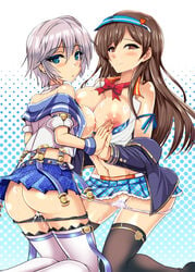 2girls anastasia_(idolmaster) blue_eyes breasts brown_eyes brown_hair cum cum_in_pussy idolmaster idolmaster_cinderella_girls long_hair multiple_girls nipples nitta_minami panties panty_pull short_hair silver_hair smile thighhighs underwear yasakani_an