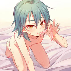 1boy aqua_hair barefoot blush censored condom erection femboy fffx61989 gay girly inazuma_eleven inazuma_eleven_(series) inazuma_eleven_go kariya_masaki looking_at_viewer male male_only mouth_hold nude nude_male penis smile solo sweat tagme yaoi yellow_eyes