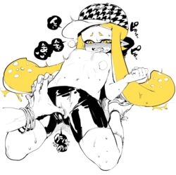 baseball_cap bike_shorts blonde_hair blush clothing daunii_(splatoon) fangs female fingering fingering_through_clothes hat heart inkling inkling_girl long_hair navel nipples nose_blush open_mouth pointy_ears saliva shoes simple_background small_breasts sneakers solo_focus splatoon spyke_(splatoon) straight_hair tentacle_hair through_clothes topless white_background yellow_eyes yousuke_(yosk)