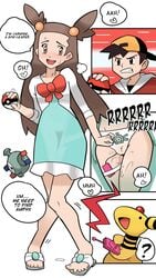 1boy 1girls 2015 ? ampharos black_hair blush brown_eyes brown_hair clothed clothing discreet_vibrator dress ethan_(pokemon) feet female gym_leader hat heart human jasmine_(pokemon) jasmine_(pokemon_hgss) long_hair magnemite male nintendo open_mouth panties poke_ball pokemon pokemon_(species) pokemon_gsc pokemon_hgss print_panties pussy pussy_juice remote_control_vibrator ribbon see-through smile source_request splashbrush standing straight sweat text toes vibrator wet wet_panties white_panties year_request