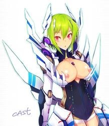 breasts cleavage edit eternal_form female green_hair kara_(color) large_breasts nipples phantasy_star phantasy_star_portable_2 phantasy_star_portable_2_infinity photoshop red_eyes short_hair solo