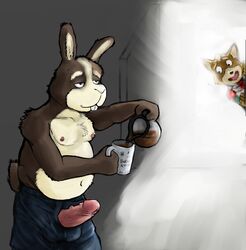 anthro being_watched beverage boxers buckteeth canine coffee coffee_mug duo food fox fox_mccloud furry humanoid_penis lagomorph male male_only mammal morning navel nintendo nipples penis penis_through_fly peppy_hare poking_out rabbit retracted_foreskin siriusandpyri slightly_chubby solo_focus star_fox stare teeth topless uncut underwear vein veiny_penis wide_eyed