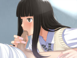 benzou black_eyes black_hair blush censored fellatio female hentai_kyoudai_~chotto_kachiki_de_h_na_imouto_wo_kankei_ni_hamete_h_sasechau_ohanashi~ highres hime_cut long_hair long_sleeves looking_at_another lying mosaic_censoring nail_polish necktie no_pants okashimo oral penis pink_nails school_uniform solo_focus