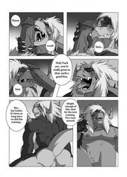 anus ass blush buddyfight claws closed_eyes comic dialogue dragon drum's_father drum_(buddyfight) duo english_text erection father father_and_son fellatio humanoid_penis incest licking male musclegut muscles oral parent penis play_my_style_workshop_(artist) precum saliva sex son teeth text tongue tongue_out vein yaoi