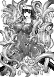 blush bodysuit boots breasts cameltoe cum cum_on_body cum_on_upper_body elbow_gloves erect_nipples female gloves greyscale habit kamori_sayaka large_breasts latex latex_suit long_hair monochrome nun open_mouth original rindou_(radical_dream) skin_tight solo tentacle thigh_boots thighhighs thighs