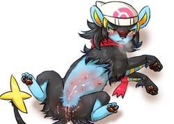 2012 anus ass black_fur blue_fur blush breath censor_bar censored clitoris cum cum_on_leg cum_on_pussy cum_on_stomach denmoko facial_markings female feral fur hair_tuft hat hindpaw luxray lying markings nintendo nipples on_back pawpads paws pink_nose pokémon_(species) pokemon pokemon_(species) pussy scarf simple_background solo spread_legs spreading tears video_games white_background yellow_eyes