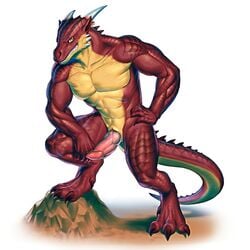 1boy 3_toes abs anthro dragon ear_piercing erection green_eyes hand_on_hip horn looking_at_viewer male male_only muscles nude pecs penis piercing red_skin rollwulf scalie simple_background smile solo standing toes vargore